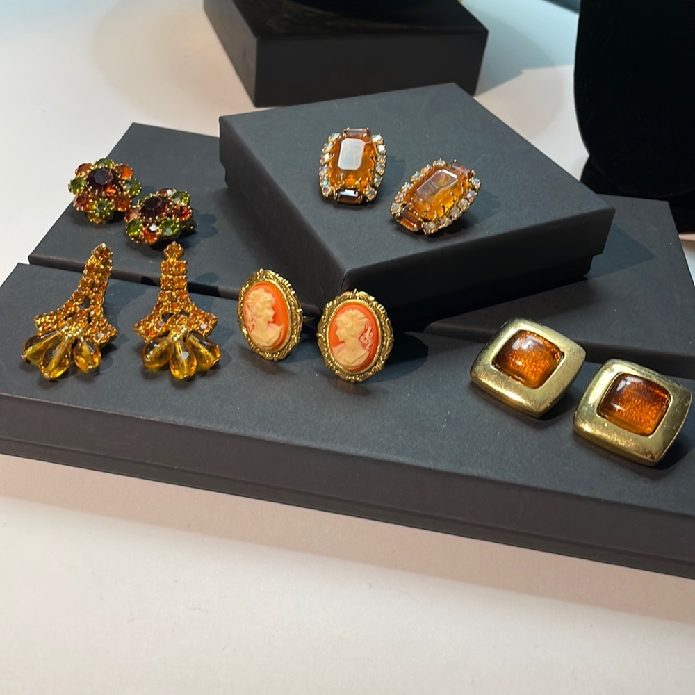 5 Pair Vintage Clip Earrings Amber Green Orange Colors; 1 pair signed FLP